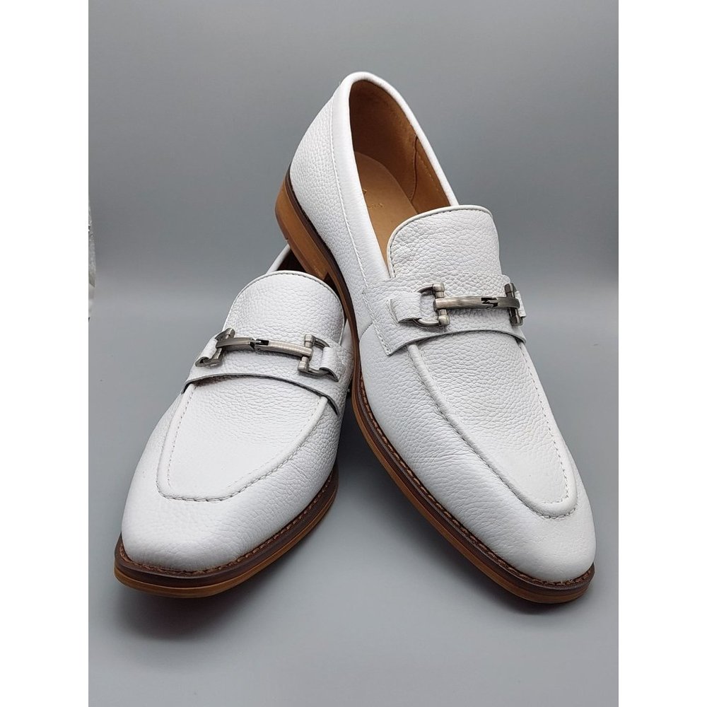 White Leather Loafers with Silver Buckle